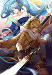  1girl belt blonde_hair blue_dress blue_eyes blue_hair boots breasts citemer cleavage dress ezreal gloves goggles goggles_on_head highres league_of_legends long_hair long_sleeves medium_breasts pants short_hair smile sona_buvelle twintails 