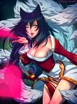  ahri animal_ears blown_kiss breasts cleavage detached_sleeves fox_ears fox_tail heart irahi korean_clothes large_breasts league_of_legends lips long_hair multiple_tails one_eye_closed puckered_lips showgirl_skirt solo tail watermark web_address yellow_eyes 