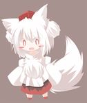  animal_ears blush_stickers chibi daidai_ookami detached_sleeves fang happy hat inubashiri_momiji looking_at_viewer open_mouth pom_pom_(clothes) red_eyes short_hair silver_hair simple_background smile solo tail tokin_hat touhou wolf_ears wolf_tail 