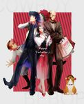  2girls bag bald beard blush_stickers bouquet cigarette cowboy_bebop dog edward_wong_hau_pepelu_tivrusky_iv ein_(cowboy_bebop) facial_hair faye_valentine flower formal hat highres jet_black multiple_boys multiple_girls necktie purple_hair red_hair rose shirou_shirou smile spike_spiegel spiked_hair suit welsh_corgi yellow_eyes 