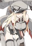  bismarck_(kantai_collection) blonde_hair blue_eyes blush breasts gloves hat kantai_collection large_breasts long_hair military military_hat military_uniform ningen_(ningen96) panties solo underwear uniform 