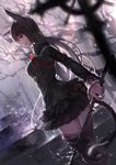  animal_ears armor ask_(askzy) backlighting black black_hair blurry breasts cat_ears cat_tail depth_of_field dress dutch_angle holding long_hair long_sleeves looking_at_viewer medium_breasts pixiv_fantasia pixiv_fantasia_fallen_kings rain red_eyes solo sword tail thighhighs water weapon 