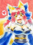 animal_ears bare_shoulders bow breasts cleavage detached_sleeves fate/extra fate_(series) fox_ears fox_tail hair_bow hair_ribbon heart japanese_clothes kawachi_koorogi large_breasts marker_(medium) pink_hair ribbon short_hair smile solo speech_bubble spoken_heart tail tamamo_(fate)_(all) tamamo_no_mae_(fate) traditional_media twintails yellow_eyes 