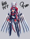  arm_blade blade blazblue bodysuit breasts cleavage cleavage_cutout cosplay genderswap genderswap_(mtf) grey_background headgear highres lambda-11 lambda-11_(cosplay) large_breasts long_hair mecha_musume one-eyed ragna_the_bloodedge ruuto_(ruto3) solo visor weapon white_hair 