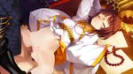 1girl arms_up blush breasts brown_hair censored character_request crown eiyu_senki_gold eiyuu_senki eiyuu_senki_gold eyes_closed game_cg highres japanese_clothes legs lying missionary navel no_panties ooyari_ashito paper penis sanzouhoushi sex short_hair small_breasts spread_legs sweat table tears tenco thighs vaginal 