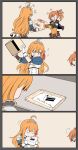  2girls ahoge blue_eyes box capelet cardboard_box character_request comic commentary eating eyes_closed gift gloves highres long_hair multiple_girls o_o orange_hair paper parody pecorine portal_(series) princess_connect! 