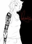  canine clothing ear_piercing female happy looking_at_viewer mammal piercing pose shirt smile solo standing tank_top tattoo voshiket wolf 