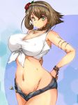  1girl bare_shoulders blush bracelet breasts brown_hair collar curvy erect_nipples female flower green_eyes hair_ornament hairband jewelry kantai_collection large_breasts mound_of_venus mutsu_(kantai_collection) navel nenngajyoh no_panties pants puffy_nipples rose short_hair shorts simple_background solo standing tank_top wide_hips wristband 