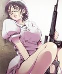  bare_legs black_hair brown_eyes coppelion crazy_eyes dragunov_svd glasses gun hat leaning nomura_taeko nurse nurse_cap rifle short_ponytail short_sleeves sitting sniper_rifle solo wakanu wall weapon 