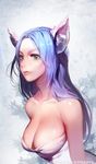  animal_ears bare_shoulders blue_hair breasts caesty cat_ears cleavage dress green_eyes large_breasts lips long_hair mole mole_under_eye nose original solo strapless strapless_dress white_dress 