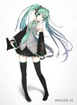  boots copyright_name detached_sleeves green_eyes green_hair hatsune_miku headphones long_hair megaphone mkt necktie pigeon-toed skirt smile solo thigh_boots thighhighs twintails very_long_hair vocaloid 