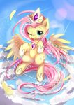 blush cloud crown cutie_mark equine feathers female fluttershy_(mlp) friendship_is_magic fur hair hooves horn looking_at_viewer mammal my_little_pony necklace one_eye_closed pegasus pink_hair solo sparkles wings yellow_fur 
