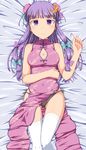  alternate_costume bare_shoulders black_panties blush breasts bun_cover china_dress chinese_clothes cleavage covered_navel crescent double_bun dress highres kochi-goori long_hair lying medium_breasts on_back panties patchouli_knowledge purple_eyes purple_hair solo thigh_gap thighhighs touhou underwear white_legwear 