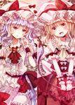  ascot bad_id bad_pixiv_id blonde_hair blush bow brooch fang flandre_scarlet frills hat hat_bow jaku_sono jewelry laevatein lavender_hair lowres multiple_girls open_mouth red_eyes remilia_scarlet siblings sisters touhou wrist_cuffs 
