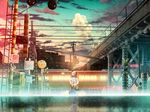  bad_id bad_pixiv_id bird blonde_hair bridge building cloud commentary dress ground_vehicle hat highres making_of maribel_hearn multiple_girls overhead_line power_lines purple_dress railroad_crossing rain rainbow real_world_location reflection road_sign scenery shirt sign skirt sky sunset tokoroten_(hmmuk) touhou train transparent transparent_umbrella umbrella usami_renko 