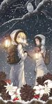  backpack bag berries bird black_hair blonde_hair blue_eyes breath christa_renz cotton_boll flower highres lantern multiple_girls night owl parka pinecone shingeki_no_kyojin snow tanpi ymir_(shingeki_no_kyojin) 