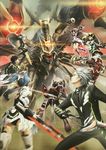  5boys aiming android armor arms_up ash_(pso2) bow_(weapon) card chic_jaeger close_quarter cowboy_hat dual_wielding edel_serin energy_blade energy_weapon fighting_stance from_behind glowing gun hat highres holding kaiser_haut katana motion_blur multiple_boys multiple_girls official_art open_mouth phantasy_star phantasy_star_online_2 ready_to_draw ronia_series rupika_(pso2) sega sheath sheathed sword thousand_rim weapon weiss_croon wiola_magica 