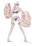  alternate_costume belt breasts cigarette doughnut food garter_straps gauntlets hat highres large_breasts league_of_legends legs loiza long_hair long_legs looking_at_viewer navel pink_hair short_shorts shorts signature simple_background smile solo vi_(league_of_legends) white_background 