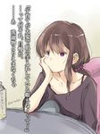  brown_hair commentary hair_ornament hand_on_own_face ichifuji_nitaka kantai_collection kisaragi_(kantai_collection) long_hair older purple_eyes sitting solo translated twitter_username 
