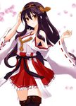  bare_shoulders black_hair black_legwear blush boots breasts detached_sleeves hair_ornament hairband hairclip haruna_(kantai_collection) japanese_clothes kantai_collection long_hair medium_breasts megumi_ryouko nontraditional_miko petals skirt smile solo thigh_boots thighhighs 