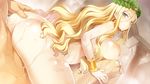  1girl ass blonde_hair blue_eyes blush bracer breasts caesar_(eiyuu_senki) column eiyuu_senki game_cg girl_on_top hand_on_ass head_wreath large_breasts laurel_crown long_hair looking_at_viewer nipples nude ooyari_ashito pillar smile wet 