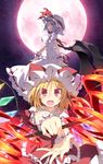  arm_ribbon bat_wings blonde_hair blue_hair dress flandre_scarlet full_moon gem hat jewelry laevatein looking_at_viewer mob_cap moon multiple_girls necklace night open_mouth pendant puffy_sleeves red_dress red_eyes red_moon remilia_scarlet ribbon satou_kibi short_sleeves siblings sisters sky slit_pupils star_(sky) starry_sky touhou white_dress wings wrist_cuffs 
