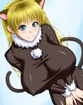  1girl 286c animal_ears blonde_hair blue_eyes bodysuit breasts cat_ears cat_tail covering covering_crotch erect_nipples female highres huge_breasts leotard long_hair looking_at_viewer original shirt skin_tight smile solo tail taut_clothes taut_shirt tight 