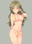  adjusting_hair areolae arm_behind_back bikini blush breasts brown_eyes brown_hair cameltoe cleavage full-face_blush hair_ornament hairclip highres jpeg_artifacts large_breasts long_hair looking_away michairu micro_bikini navel open_mouth parted_lips shinomiya_himawari shiny shiny_skin solo standing strap_gap sweat swimsuit vividred_operation yellow_bikini 