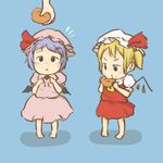  :&lt; barefoot bat_wings blonde_hair blue_hair chii-kun_(seedyoulater) cream_puff dress eating flandre_scarlet food food_on_face hat hat_ribbon mob_cap multiple_girls pink_dress puffy_sleeves red_dress remilia_scarlet ribbon short_sleeves siblings side_ponytail sisters touhou wings younger 