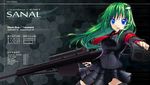  alternate_costume anti-materiel_rifle black_legwear blue_eyes dot_r engrish frog_hair_ornament green_hair gun hair_ornament handgun kochiya_sanae long_hair necktie ranguage rifle snake sniper_rifle solo stats touhou weapon 