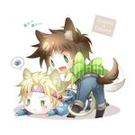  :&lt; animal_ears blonde_hair bow brown_hair caesar_anthonio_zeppeli cat_ears cat_tail chibi dog_ears dog_tail facial_mark fang green_eyes hou_(ming8160) jojo_no_kimyou_na_bouken joseph_joestar_(young) kemonomimi_mode multiple_boys scarf scarf_bow spoken_squiggle squiggle tail tail_wagging 