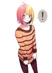  1boy ahoge androgynous bad_id bad_twitter_id blonde_hair blush erubo looking_at_viewer male_focus multicolored_hair open_mouth orange_shirt original otoko_no_ko pink_hair shirt short_hair simple_background solo speech_bubble spoken_exclamation_mark striped striped_sweater sweater theodor_bachstein white_background 
