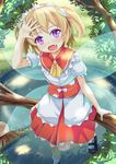  blonde_hair capelet fairy_wings fang grass highres in_tree looking_at_viewer maid_headdress niiya open_mouth puffy_sleeves purple_eyes river sash shirt short_sleeves sitting sitting_in_tree skirt smile solo sunny_milk touhou tree twintails wings 