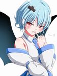  asagaya bad_id bad_pixiv_id bare_shoulders bat bat_wings blue_hair blush breasts cosplay detached_sleeves fang fang_out finger_to_mouth hair_ornament hair_tubes hand_on_hip kochiya_sanae kochiya_sanae_(cosplay) looking_at_viewer necktie red_eyes remilia_scarlet ribbon short_hair side_slit skirt skirt_set small_breasts solo touhou wide_sleeves wings 