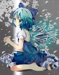  bad_id bad_pixiv_id barefoot blue_dress blue_eyes blue_hair bow cirno crying dress hair_bow hands_clasped hikobae ice ice_wings interlocked_fingers looking_at_viewer open_mouth own_hands_together petals puffy_sleeves shirt short_sleeves sitting solo spring_(season) touhou wariza wings 