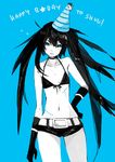  banned_artist belt bikini_top black_hair black_rock_shooter black_rock_shooter_(character) blue_background blush_stickers choker flat_chest gloves hand_on_hip hat long_hair messy_hair navel pale_skin party_hat short_shorts shorts solo stitches tribute twintails 