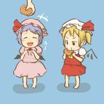  barefoot bat_wings blonde_hair blue_hair chii-kun_(seedyoulater) closed_eyes cream_puff dress eating fang flandre_scarlet food food_on_face happy_tears hat hat_ribbon mob_cap multiple_girls open_mouth pink_dress puffy_sleeves red_dress remilia_scarlet ribbon short_sleeves siblings side_ponytail sisters smile tears touhou translated uu~ wings younger 
