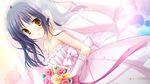  1girl 3-nin_iru! blush dress elbow_gloves game_cg gloves nakase_nagisa purple_hair short_hair suzui_narumi wedding_dress yellow_eyes 