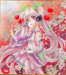  2014 cherry cherry_blossoms dated detached_sleeves food fruit hatsune_miku headset highres long_hair mosho necktie open_mouth paint_(medium) pink_hair red_eyes sakura_miku shikishi skirt solo thighhighs traditional_media twintails very_long_hair vocaloid watercolor_(medium) 