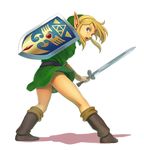  1boy a_link_to_the_past blonde_hair blue_eyes boots elf hat link looking_at_viewer male male_focus master_sword nintendo no_pants pointy_ears shield shiwashiwa_no_kinchakubukuru solo sword the_legend_of_zelda the_legend_of_zelda:_a_link_to_the_past under_skirt weapon 