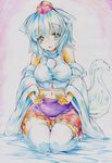  absurdres animal_ears blush breasts colored_pencil_(medium) detached_sleeves hat highres inubashiri_momiji kitazinger large_breasts looking_at_viewer navel short_hair solo tail thighhighs tokin_hat touhou traditional_media white_hair wolf_ears wolf_tail 