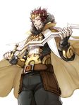  arm_guards bad_id bad_pixiv_id belt black_gloves black_legwear cape circlet crown facial_hair fingerless_gloves fire_emblem fire_emblem:_kakusei fur_trim gangrel gloves goatee holding holding_weapon looking_at_viewer looking_down male_focus purple_hair red_hair simple_background smirk solo standing sword teuteu08 weapon 