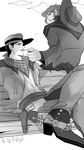  bad_id bad_pixiv_id bench boots cigarette cowboy cowboy_boots cowboy_hat greyscale hat highres jojo_no_kimyou_na_bouken kakyouin_noriaki kilva_lollop kuujou_joutarou male_focus monochrome multiple_boys sitting spurs western 