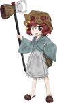  androgynous apron earthen_miraculous_sword full_body helmet japanese_clothes jynx_(artist) katano_sukune katano_sukune's_bottle_opener len'en looking_at_viewer lowres official_art oota_jun'ya_(style) open_mouth red_eyes red_hair short_hair skirt slippers smile solo transparent_background weapon 
