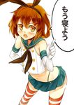  :o black_panties blush brown_eyes brown_hair cosplay elbow_gloves fang flat_chest gloves hair_ornament hair_ribbon hairband hairclip hand_on_hip highleg highleg_panties highres ikazuchi_(kantai_collection) index_finger_raised kantai_collection microskirt midriff navel nishiuri panties red_legwear ribbon sailor_collar shimakaze_(kantai_collection) shimakaze_(kantai_collection)_(cosplay) short_hair simple_background skirt solo speech_bubble standing striped striped_legwear sweatdrop thighhighs translated underwear v-shaped_eyebrows white_background white_gloves 