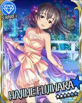  :d artist_request black_hair brown_eyes building card_(medium) character_name diamond_(symbol) dress earrings formal frilled_gloves frills fujiwara_hajime gloves idolmaster idolmaster_cinderella_girls jewelry long_hair necklace official_art open_mouth purple_eyes smile solo sparkle strapless strapless_dress 