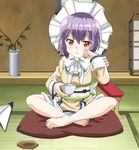  barefoot blush cup fan folding_fan harisen headdress highres indian_style kanojo_ga_flag_wo_oraretara obi pillow pleated_skirt purple_hair red_eyes ryuukishibara_tsumugi sash school_uniform screencap short_hair sitting skirt solo tatami teacup 