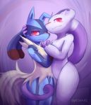 &lt;3 3_fingers ambiguous_gender anthro bald bashful blush dreadlocks embracing fluffy fluffy_tail glowing glowing_eyes hand_behind_head hand_on_chest looking_at_viewer lucario mega_evolution mega_lucario mega_mewtwo_y mewtwo mind_control nintendo nurinaki pointy_ears pok&#233;mon pok&eacute;mon red_eyes smile spikes tail_hug video_games wide_hips 