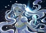  backlighting bangs bishoujo_senshi_sailor_moon blue_eyes double_bun earth facial_mark floating_hair flower forehead_mark hair_flower hair_ornament hairclip lalazyt long_hair parted_bangs parted_lips petals princess_serenity rose silver_hair solo tears tsukino_usagi twintails white_flower white_hair white_rose 