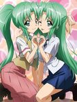  :3 ;p aqua_eyes arm_support artist_request bangs black_legwear boots breast_press breasts cheek-to-cheek from_side full_body green_hair hair_ribbon half_updo heart heart_background heart_hands heart_hands_duo high_ponytail higurashi_no_naku_koro_ni kneehighs kneeling large_breasts leaning_forward light_particles loafers long_hair long_skirt long_sleeves looking_at_viewer miniskirt multiple_girls necktie official_art one_eye_closed open_clothes open_vest parted_bangs pleated_skirt ponytail ribbon school_uniform shirt shoes short_sleeves siblings sidelocks sisters skirt sonozaki_mion sonozaki_shion striped symmetrical_docking symmetry tongue tongue_out twins very_long_hair vest wing_collar 